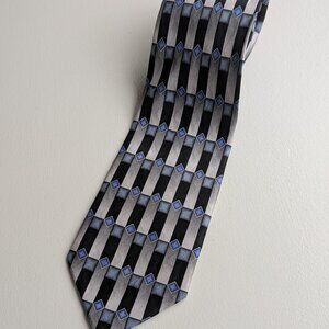Fenzia Geometric Print Hand Sewn Silver/Black/Blue Silk Tie.